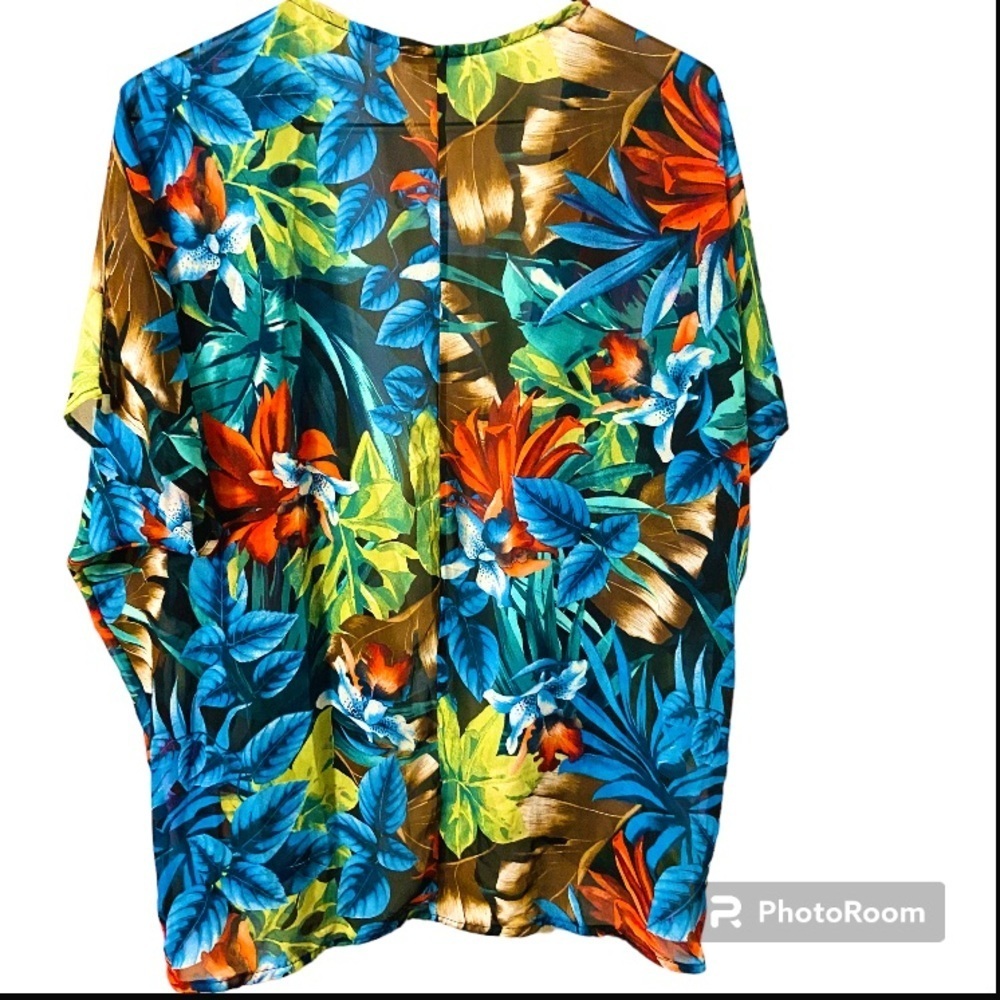 Iris Tropical Bright Floral Large Print Lightweight Kimono in Blue, & Orange. - Picture 2 of 5